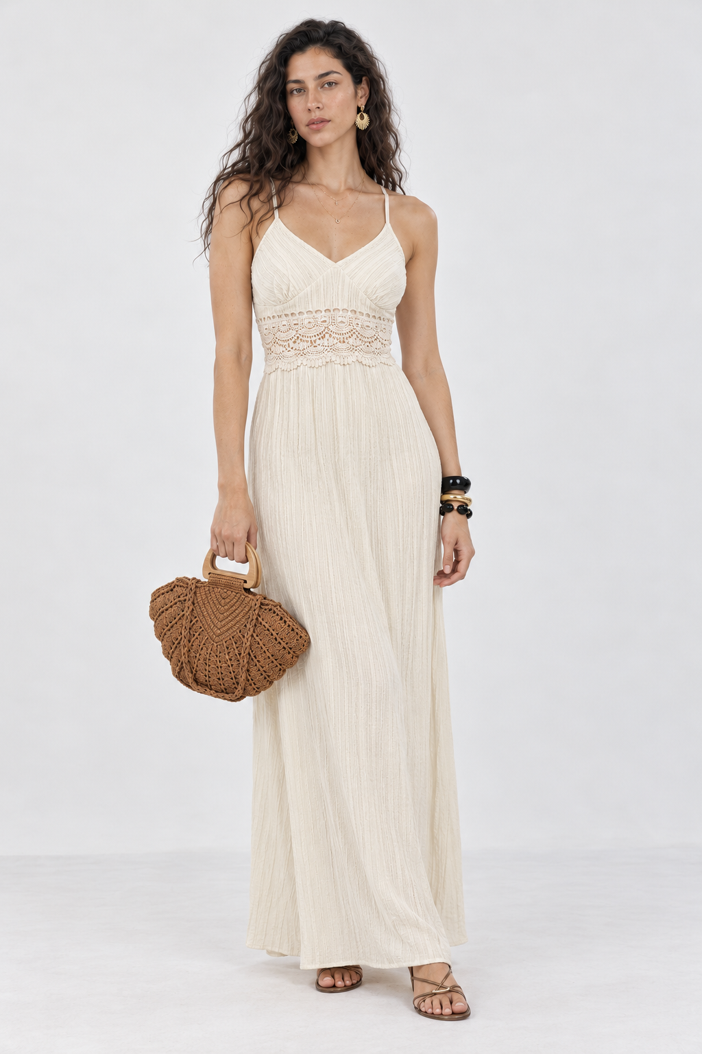 Apricot Crochet Lace V-Neck Maxi Dress