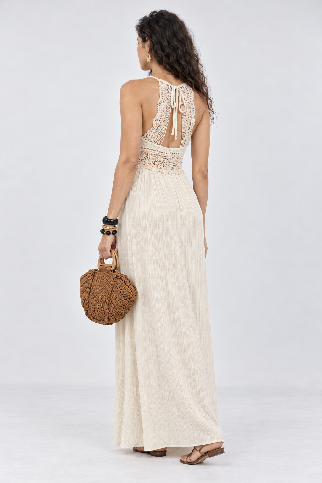 Apricot Crochet Lace V-Neck Maxi Dress