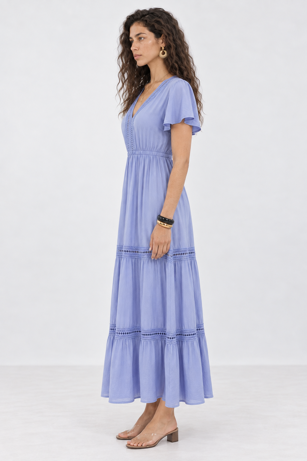 Blue Lace Detail V-Neck Maxi Dress