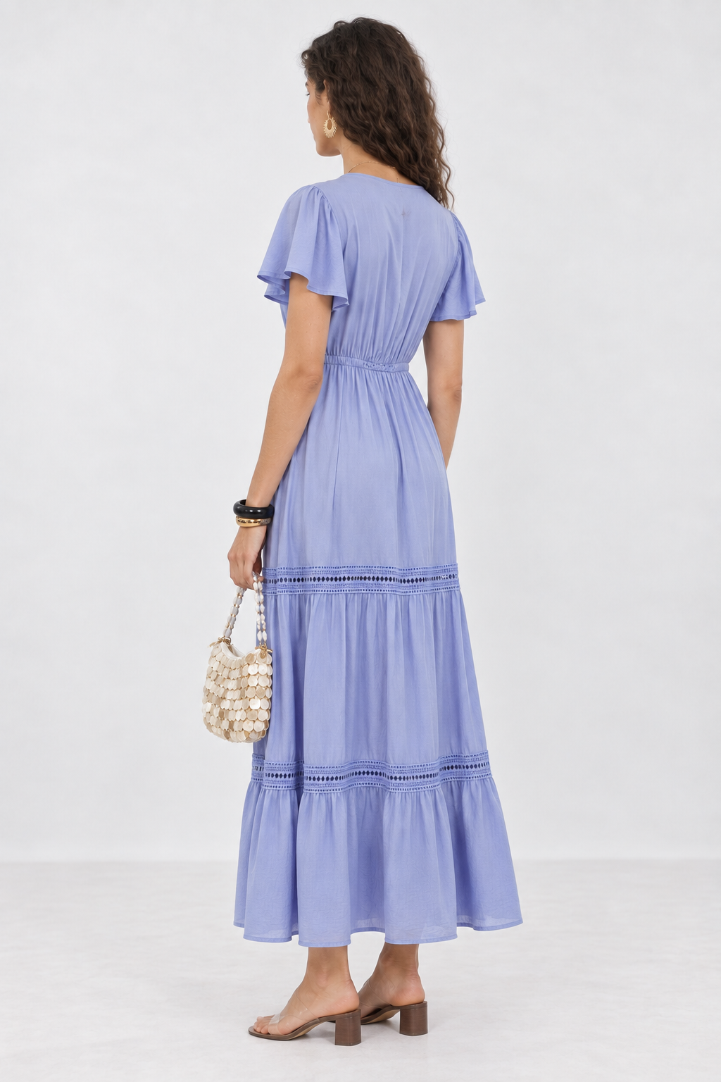 Blue Lace Detail V-Neck Maxi Dress