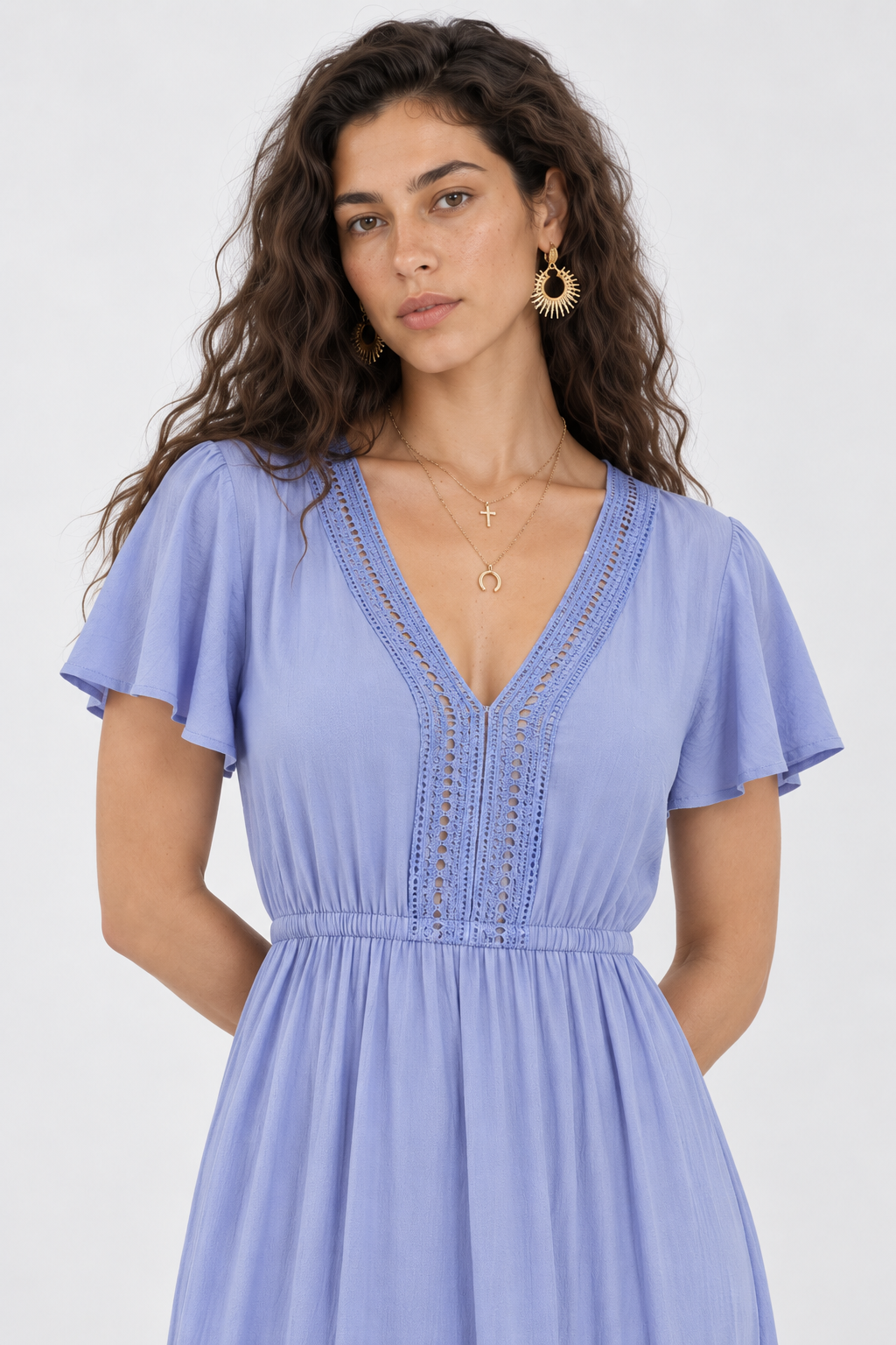 Blue Lace Detail V-Neck Maxi Dress