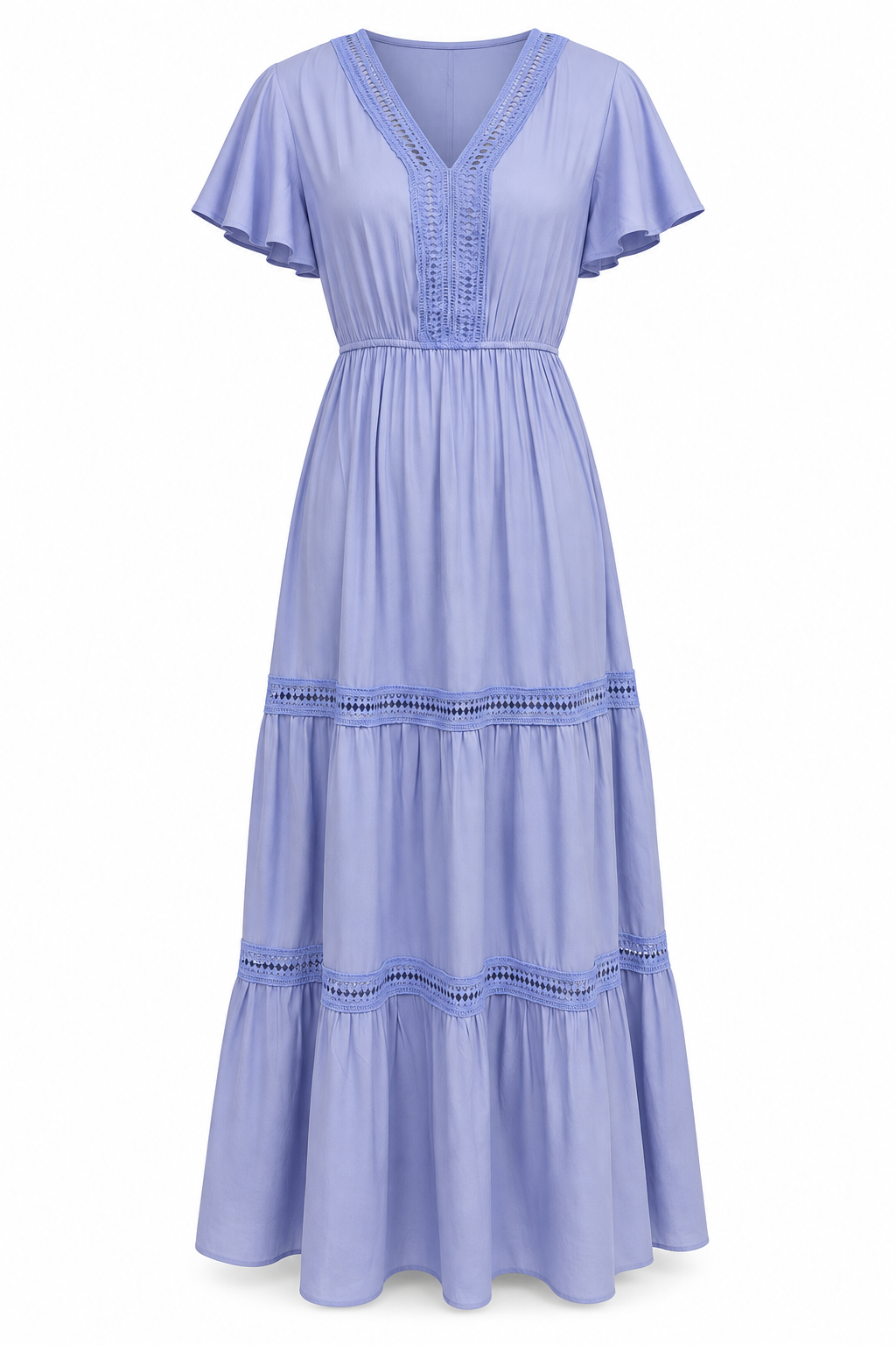 Blue Lace Detail V-Neck Maxi Dress