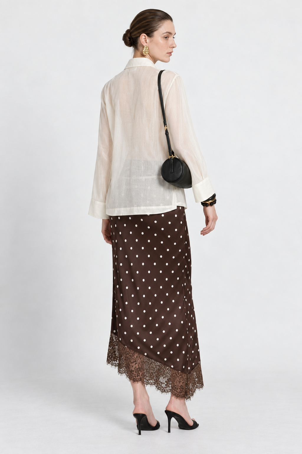 Brown Polka Dot Lace-Trim Midi Skirt