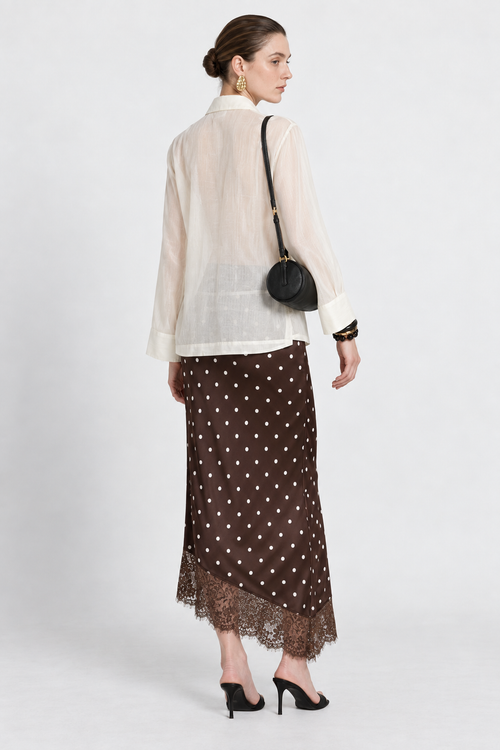 Brown Polka Dot Lace-Trim Midi Skirt