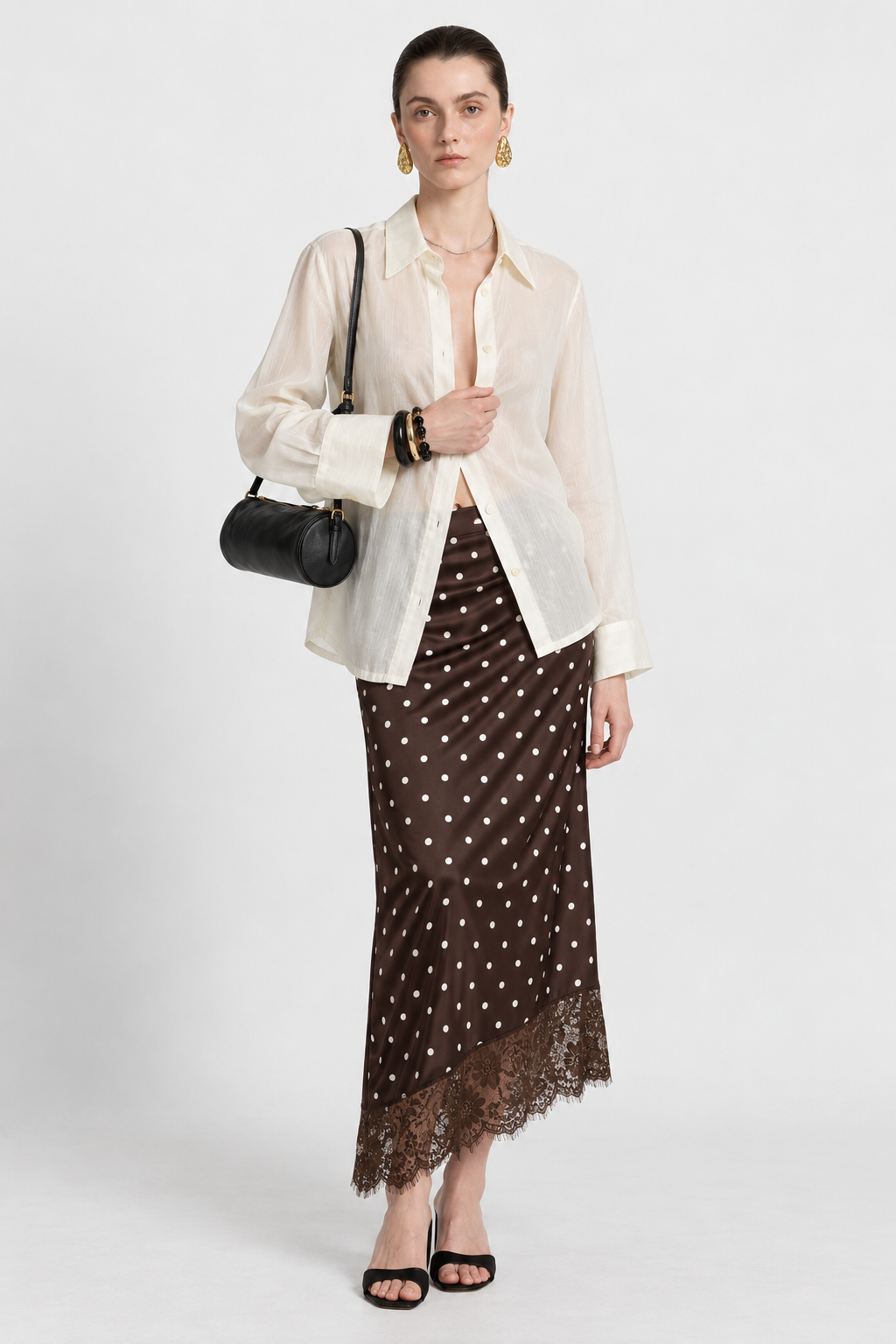 Brown Polka Dot Lace-Trim Midi Skirt