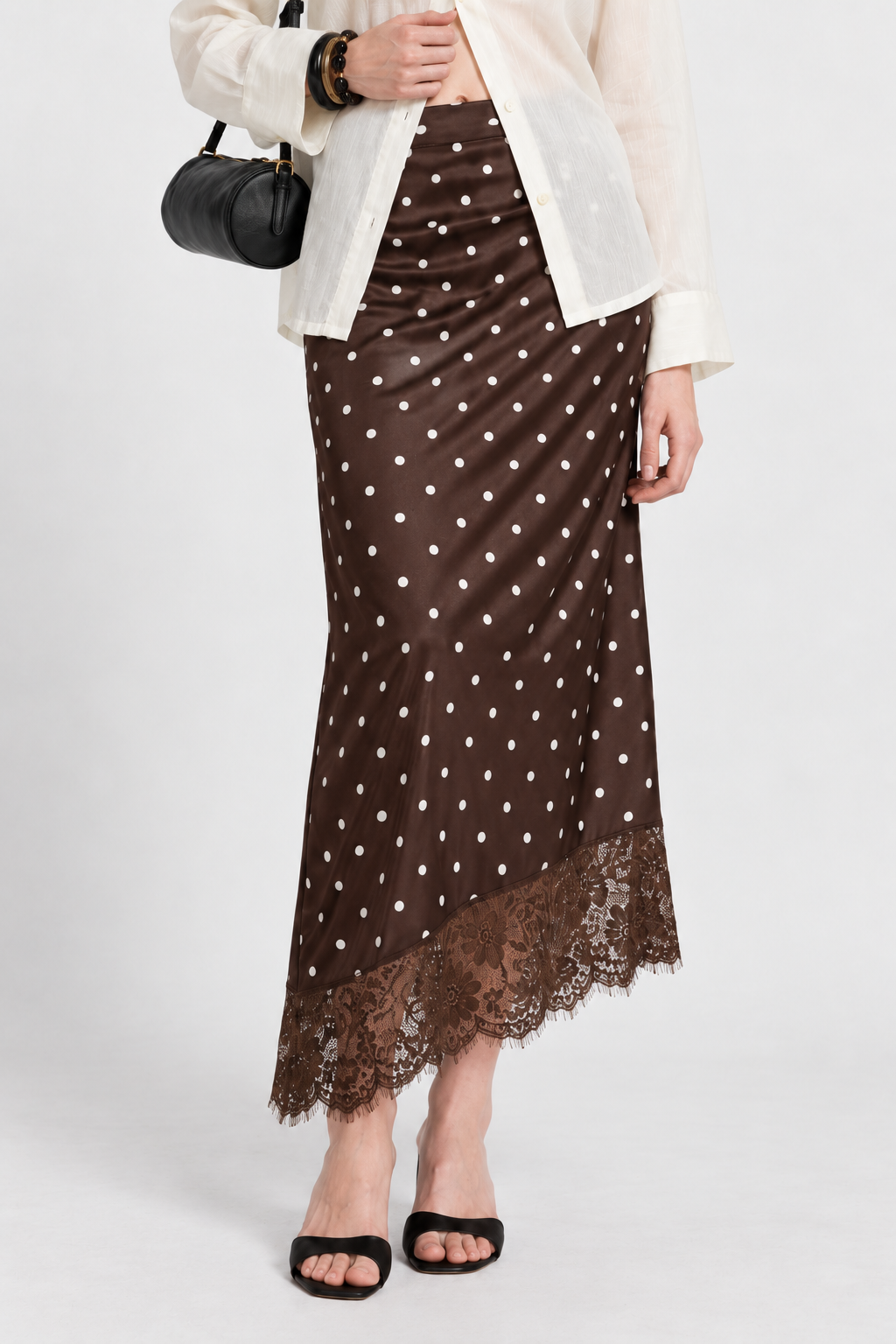 Brown Polka Dot Lace-Trim Midi Skirt