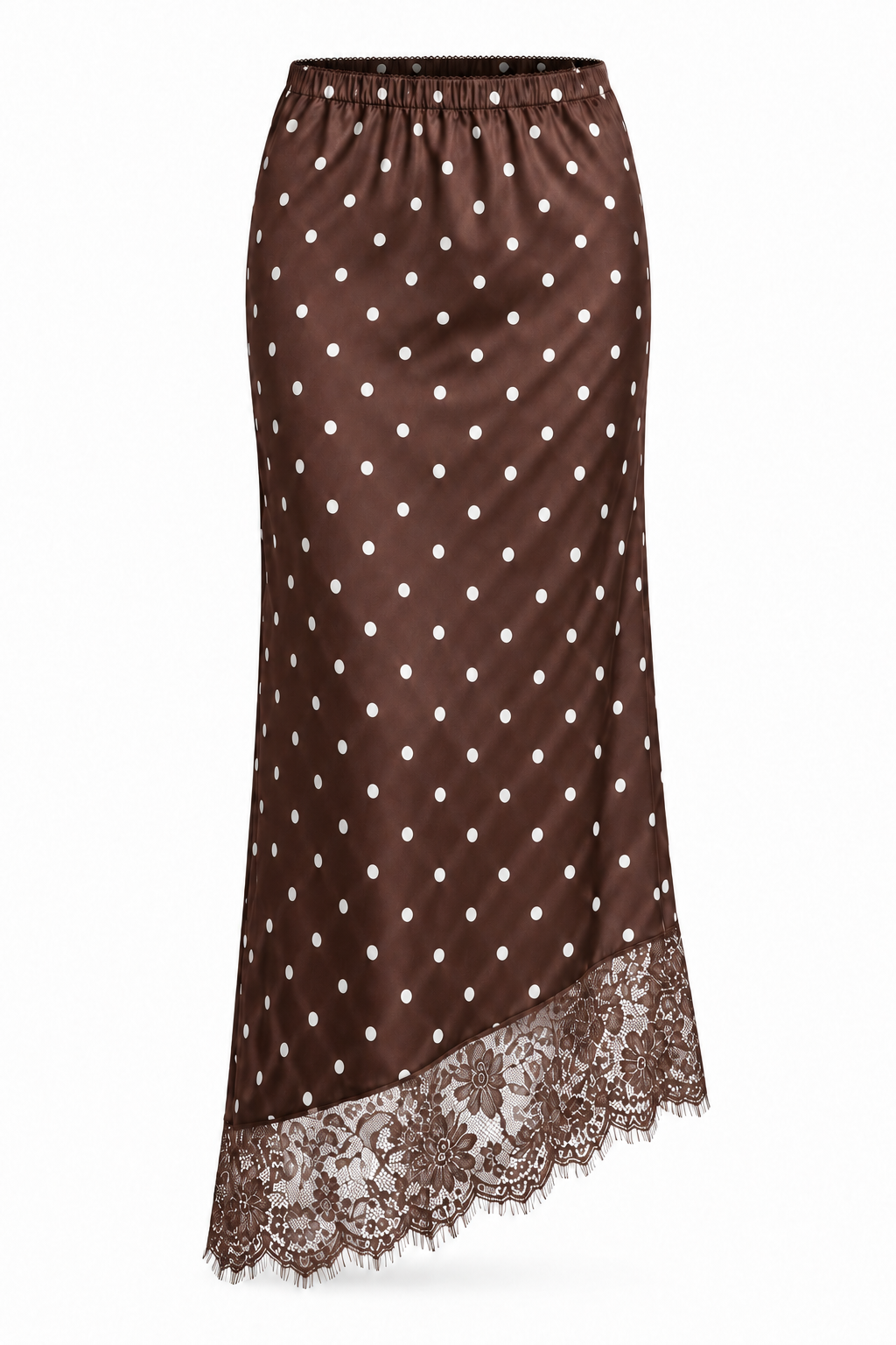 Brown Polka Dot Lace-Trim Midi Skirt