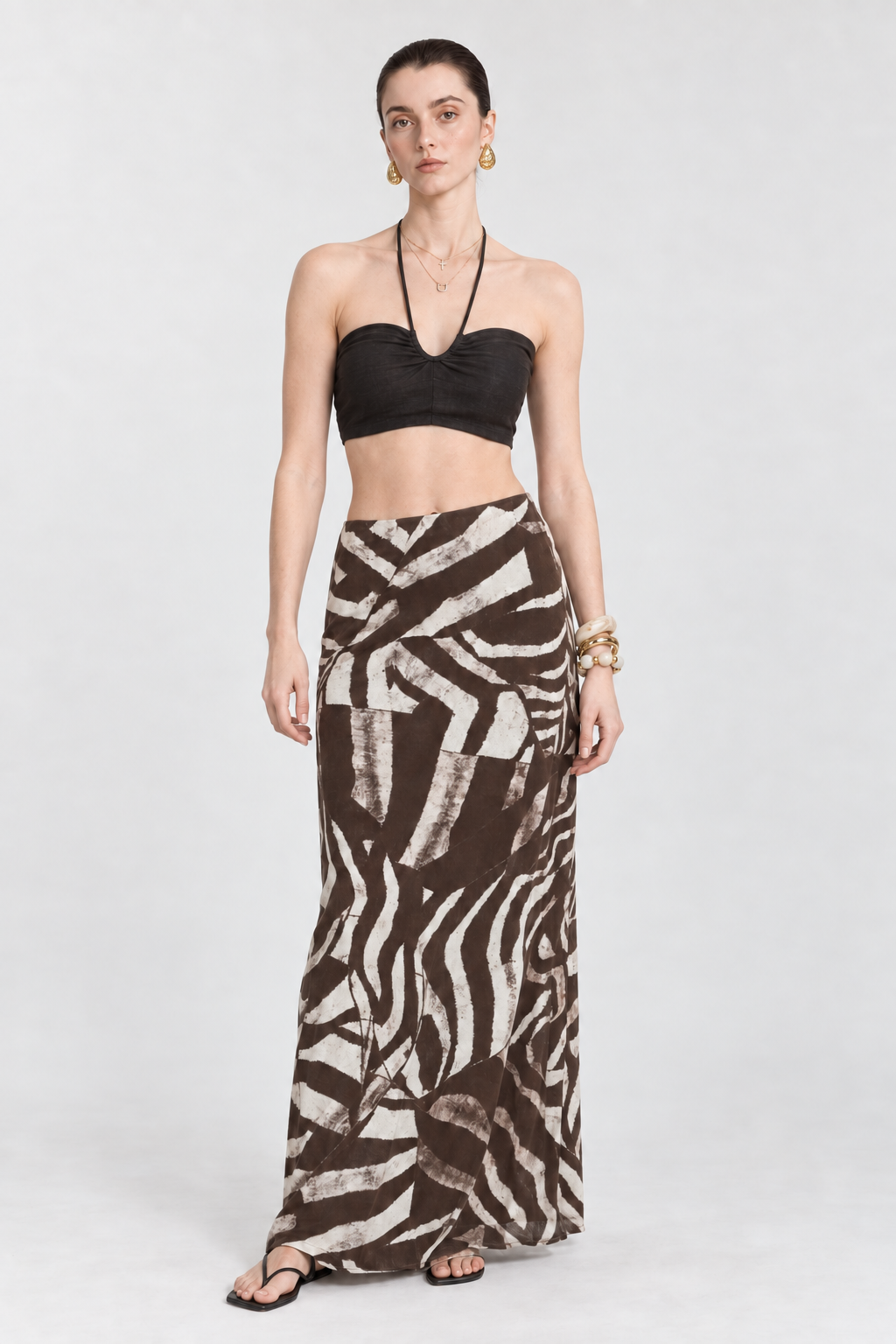 Chocolate Brown Abstract Printed Midi Skirt