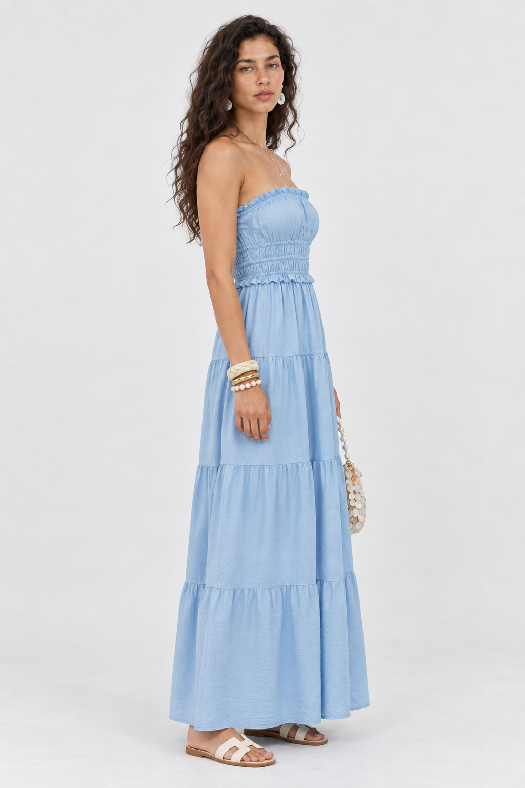 Cover Blue Shirred Tiered Maxi Dress