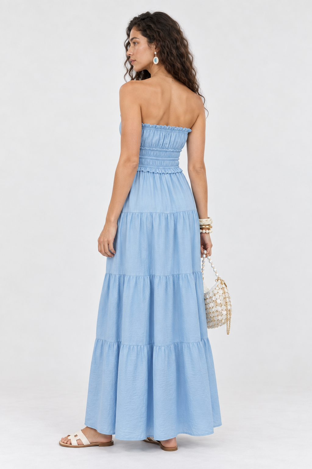 Cover Blue Shirred Tiered Maxi Dress