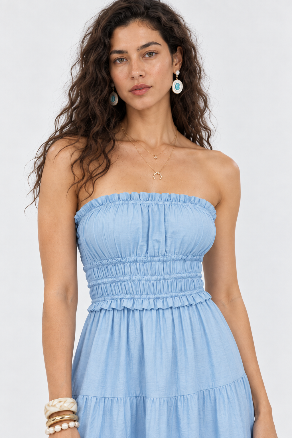 Cover Blue Shirred Tiered Maxi Dress