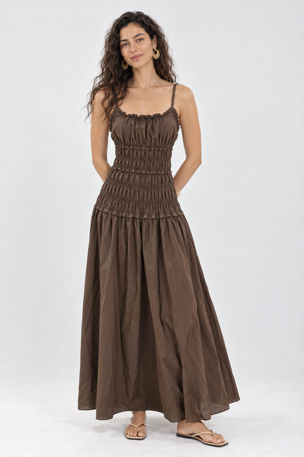 Fern Brown Shirred Maxi Dress