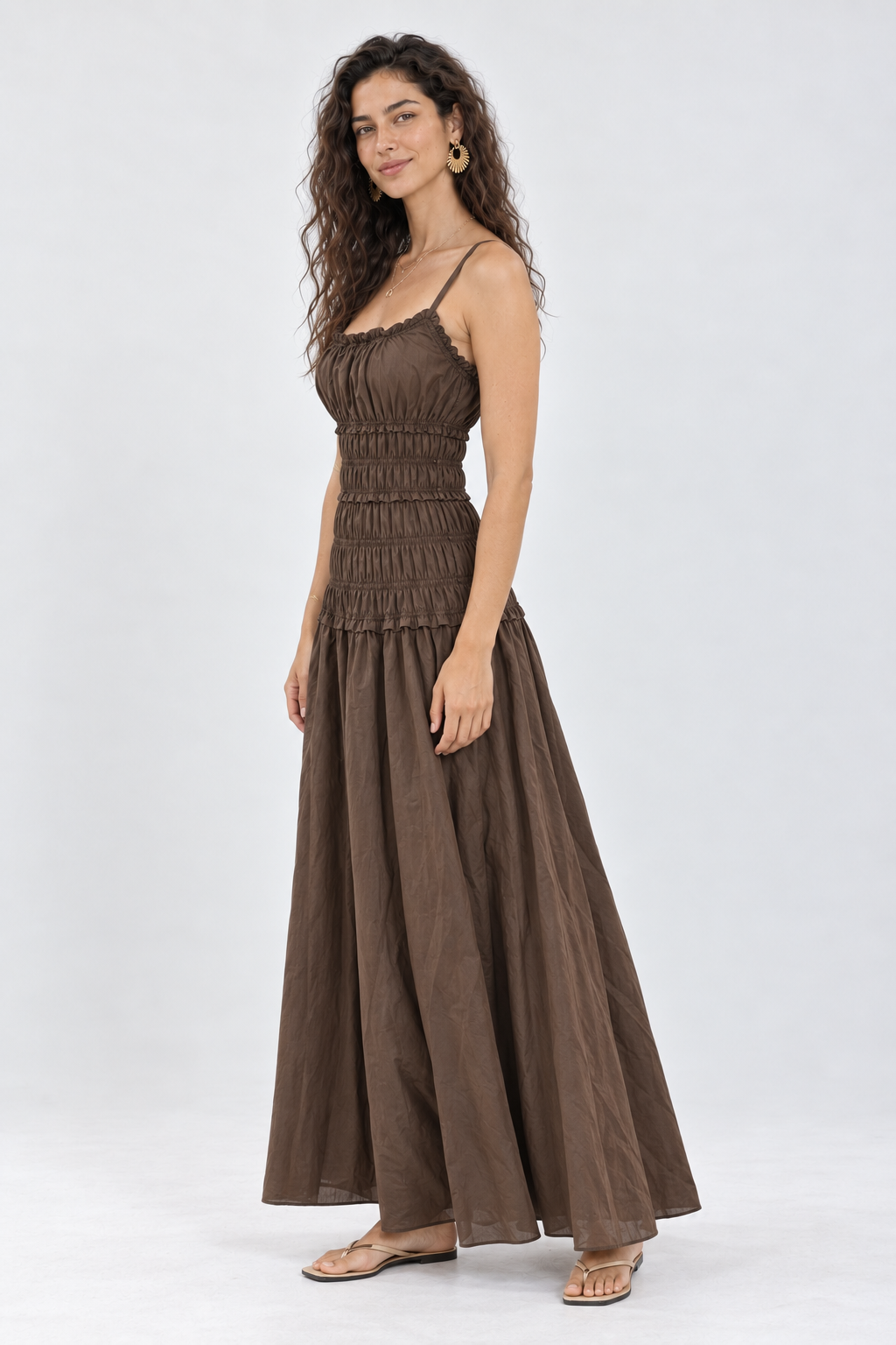Fern Brown Shirred Maxi Dress