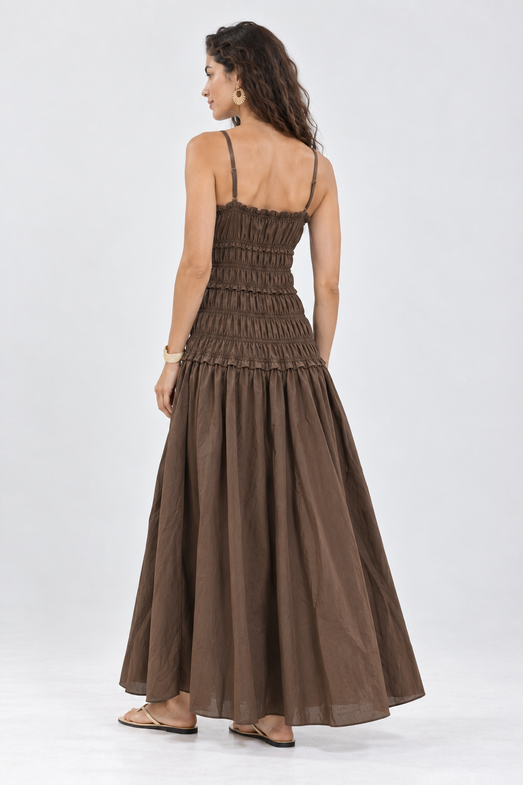 Fern Brown Shirred Maxi Dress