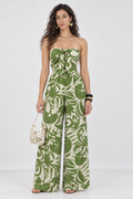 Green Floral Print Strapless Jumpsuit