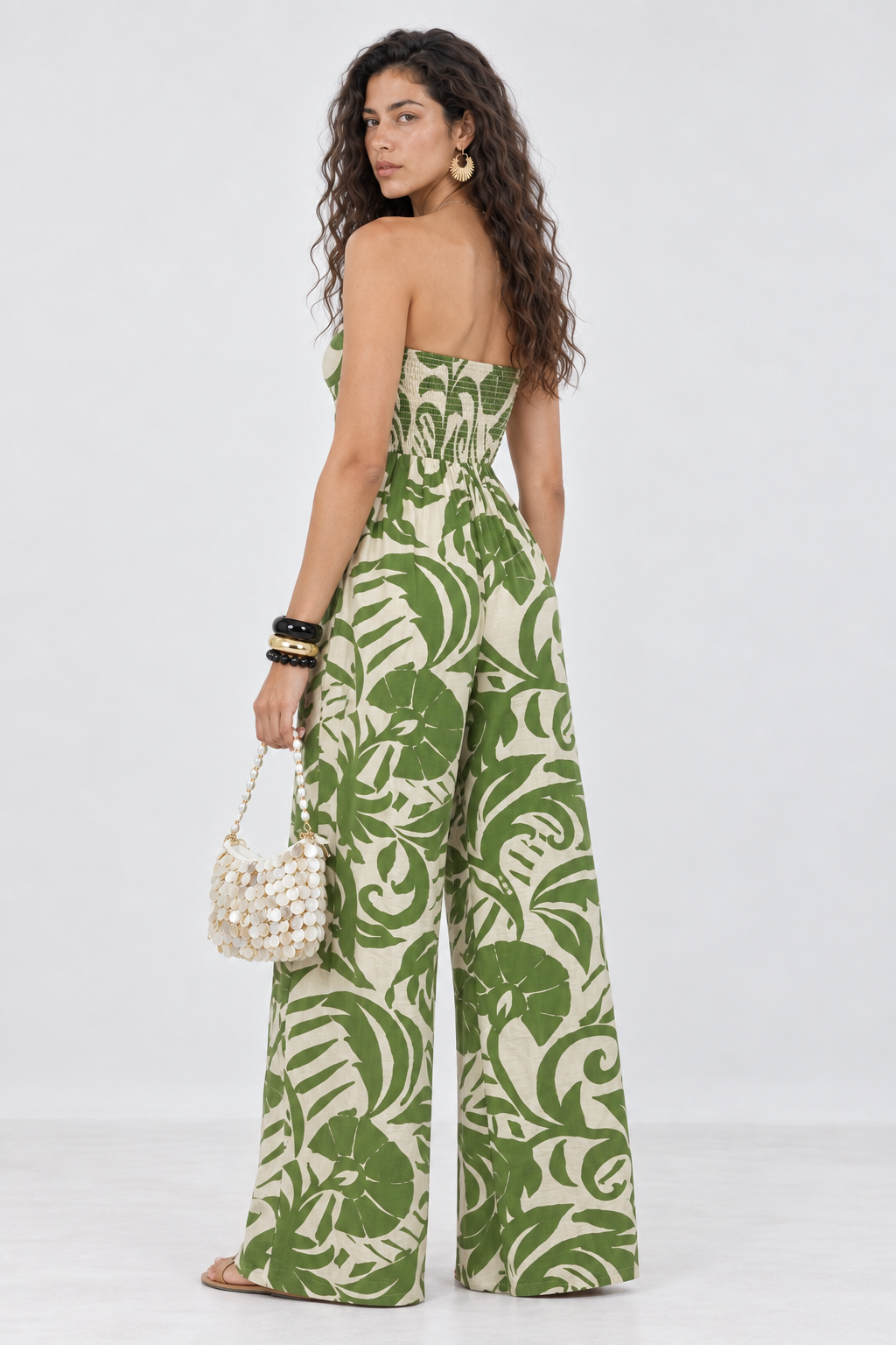 Green Floral Print Strapless Jumpsuit