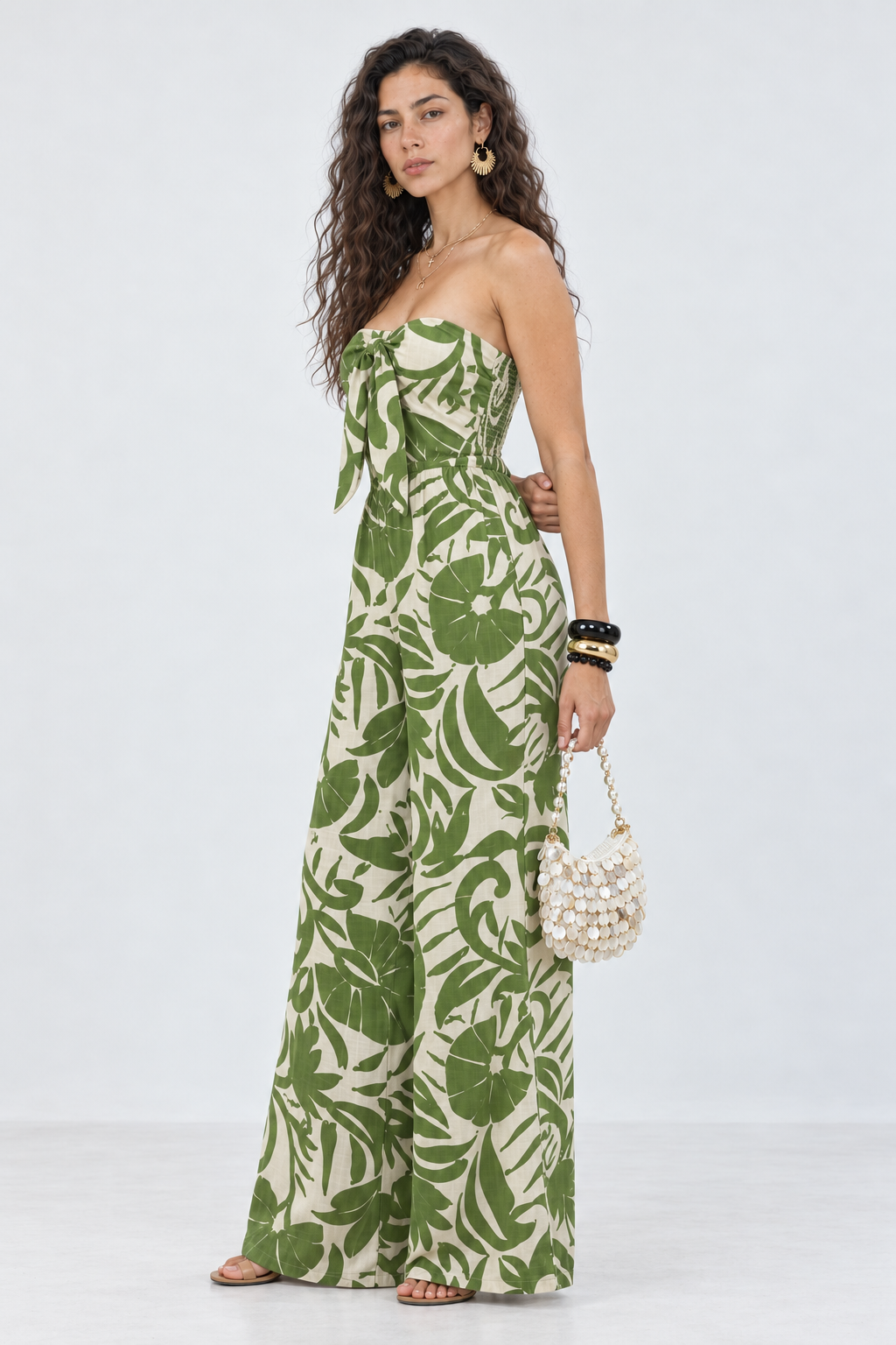 Green Floral Print Strapless Jumpsuit