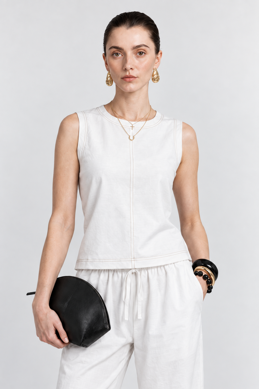Halo White Contrast-Stitch Top