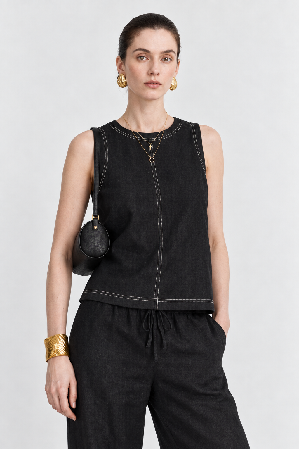 Halo Black Contrast-Stitch Top