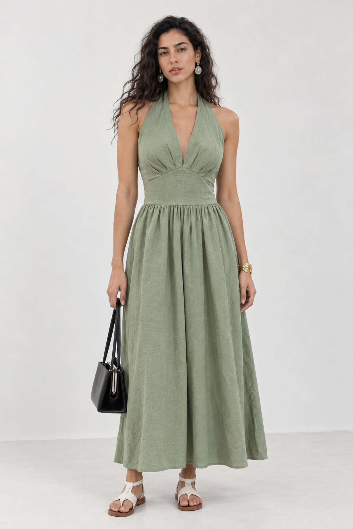 Halter Backless Sage Green Maxi Dress