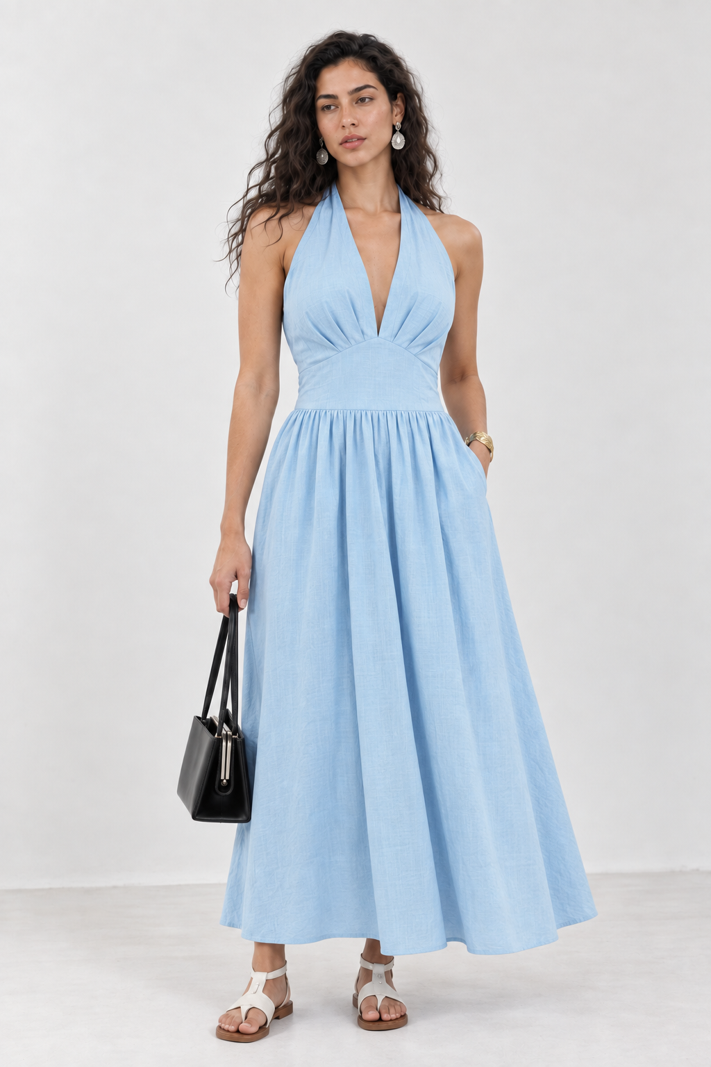 Halter Backless  Blue Maxi Dress