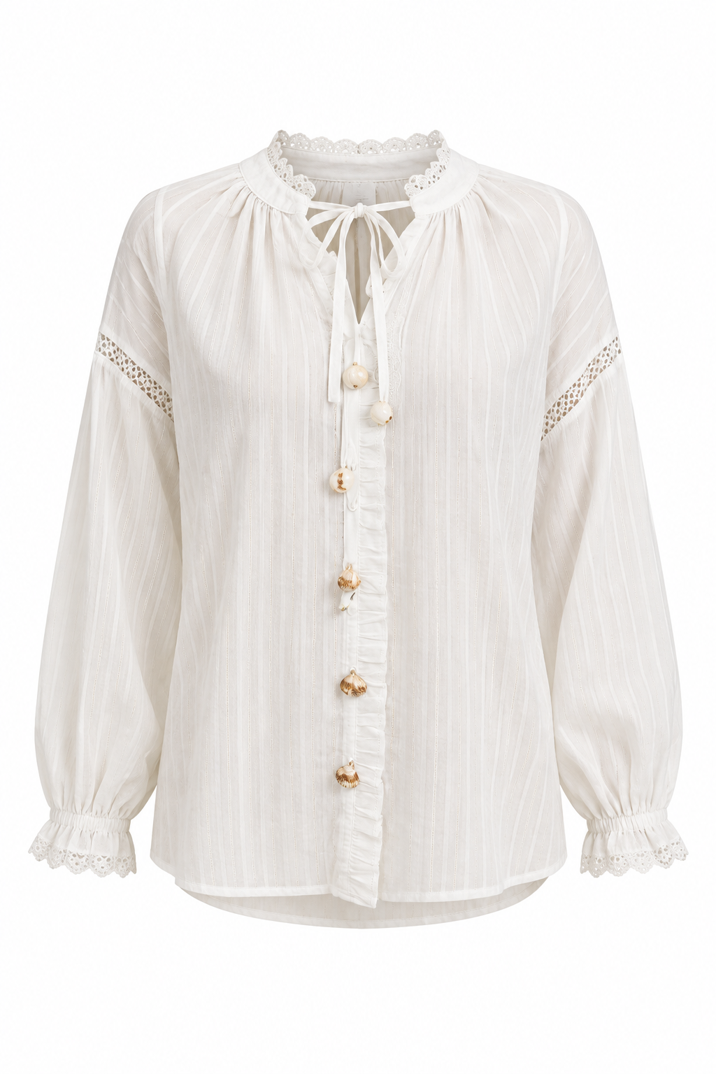 Ivory Lace Trim Tie-Neck  Blouse
