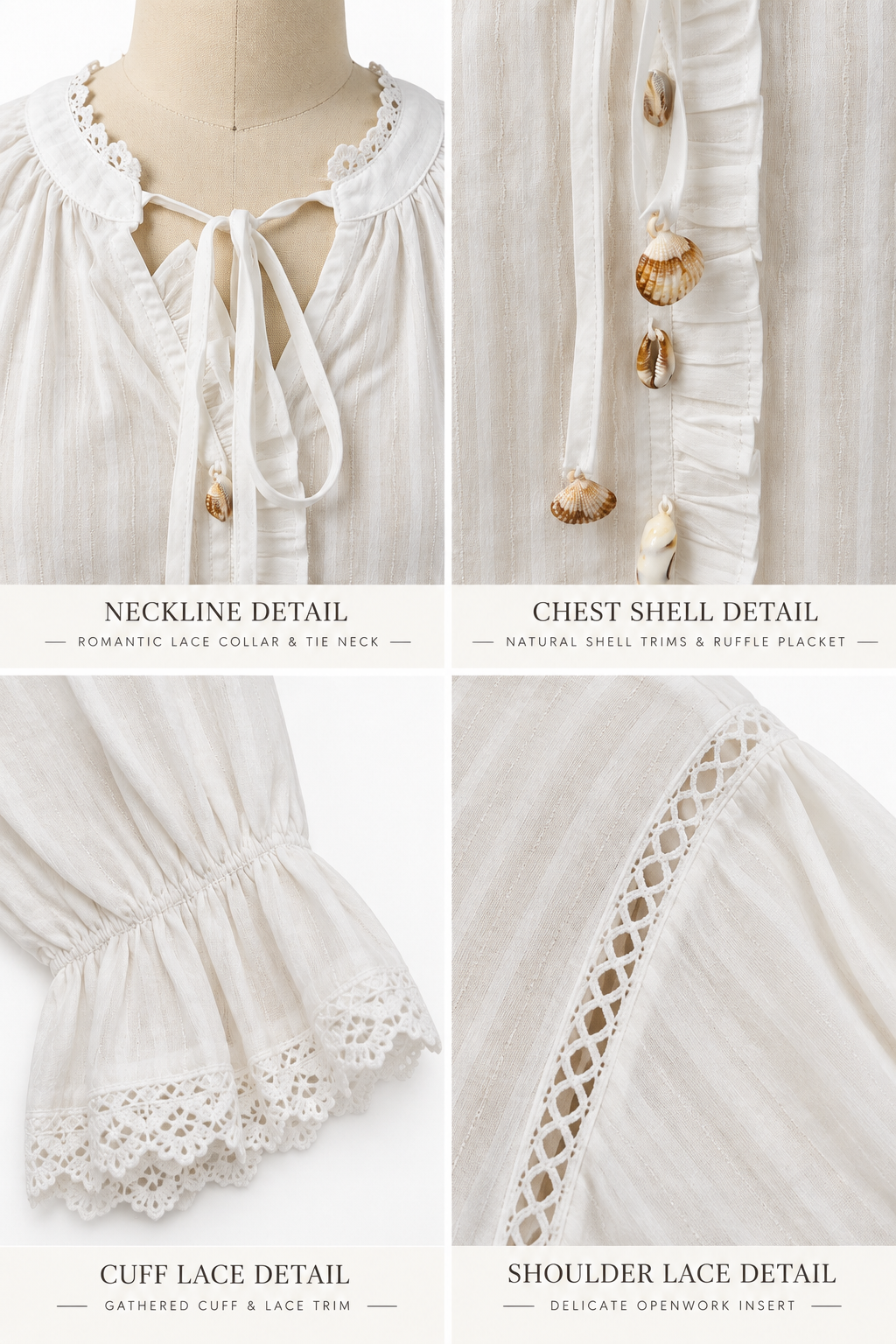 Ivory Lace Trim Tie-Neck  Blouse