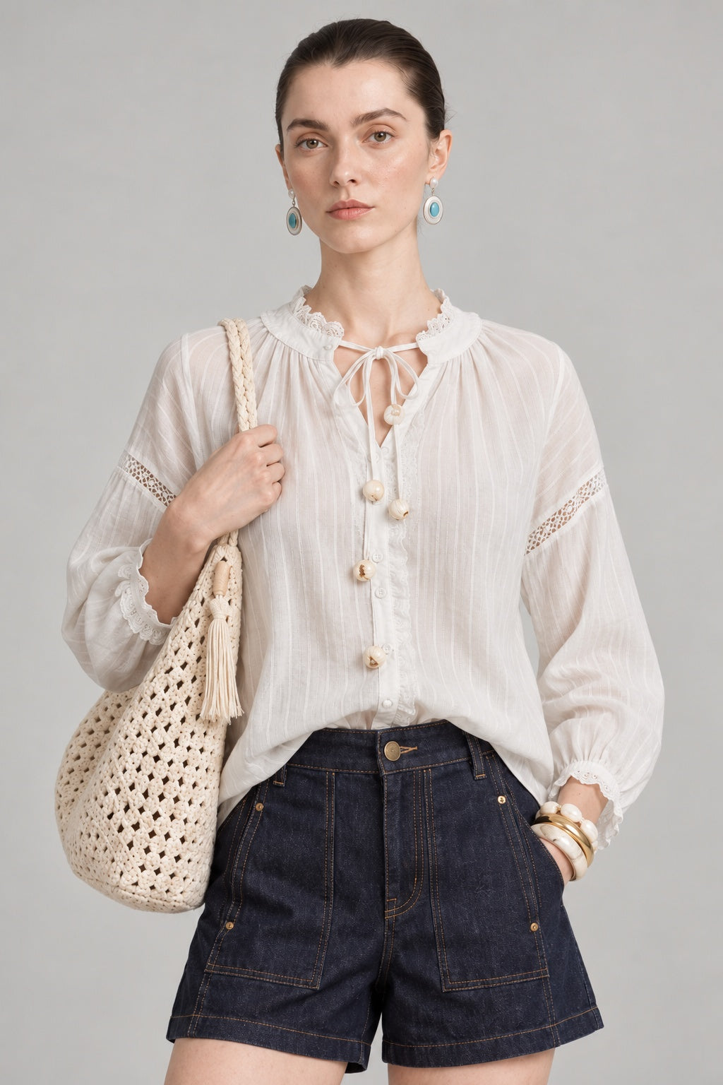 Ivory Lace Trim Tie-Neck  Blouse
