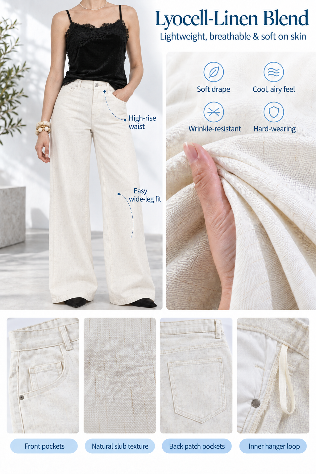 Ivory White Tencel Wide Leg Pants
