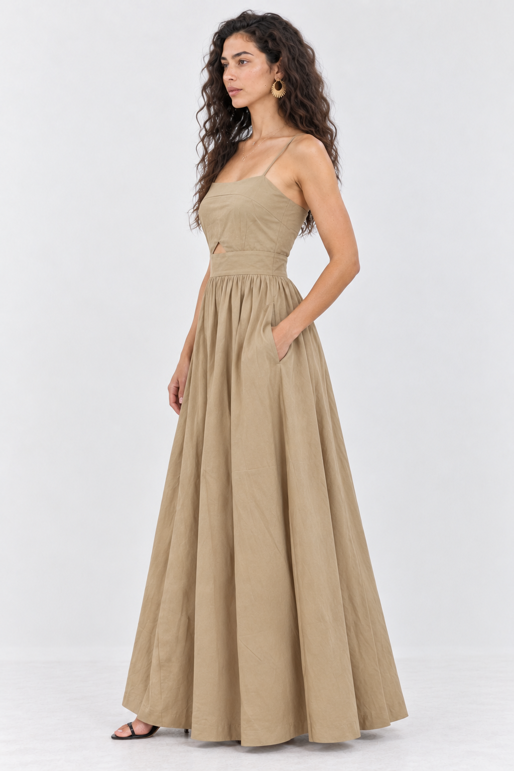 Khaki Square Neck Maxi Dress