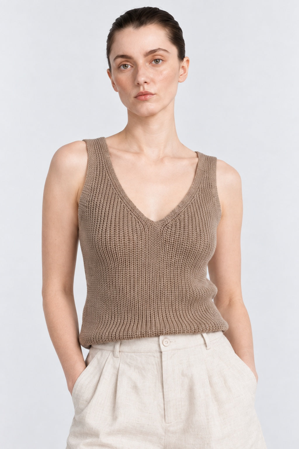 Knit V-Neck Khaki Cami