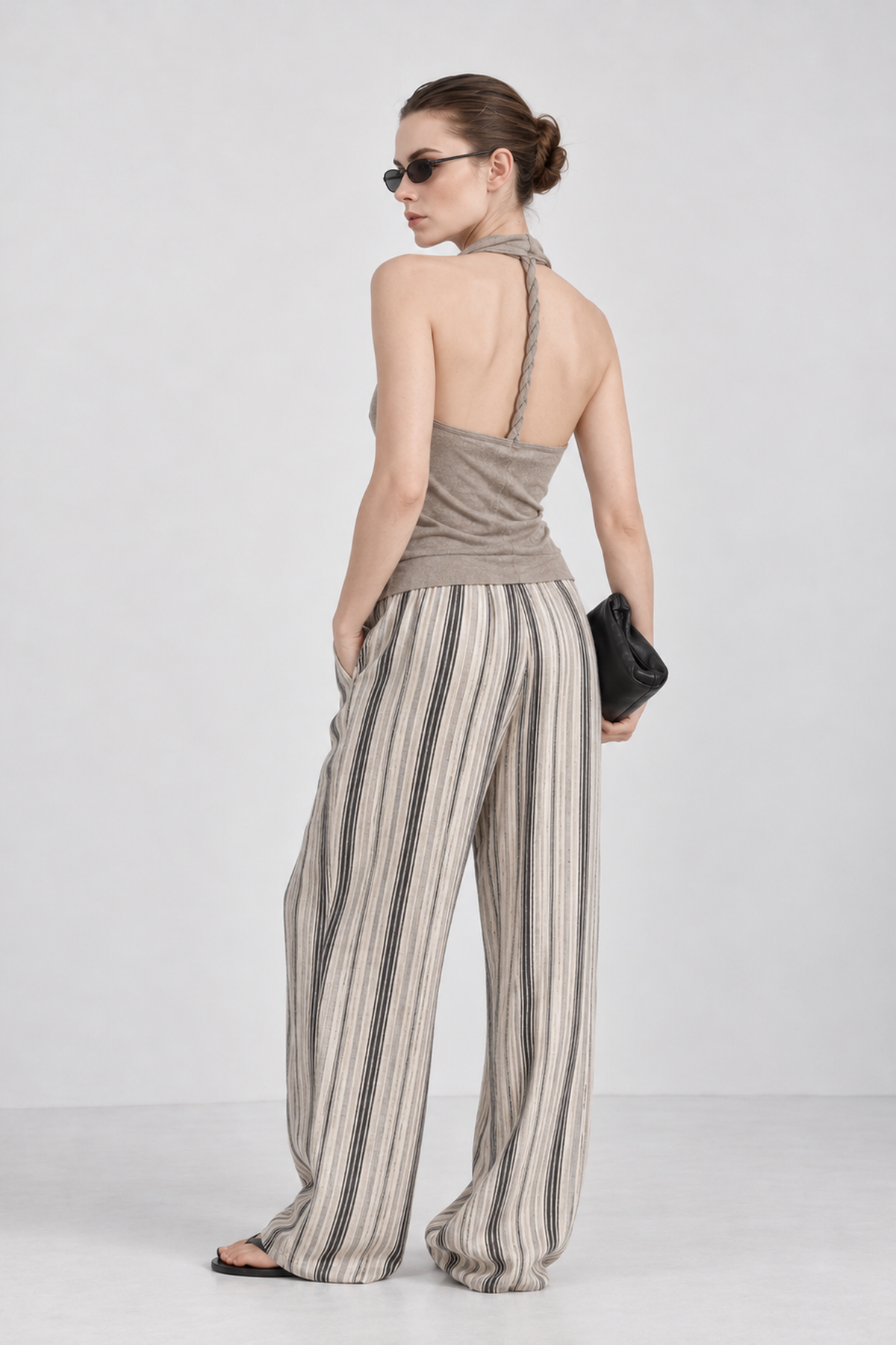 Natural Linen Stripe Wide Leg Pants