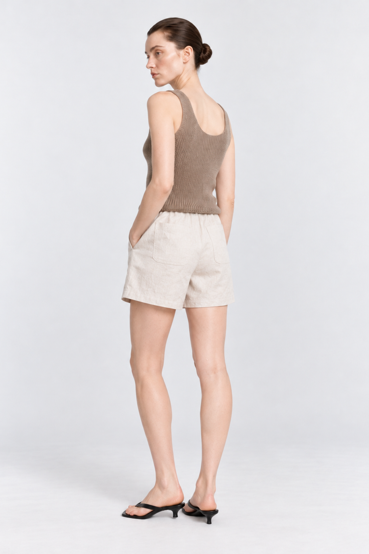 White Linen Elastic Waist Relaxed Shorts — alternate view 2