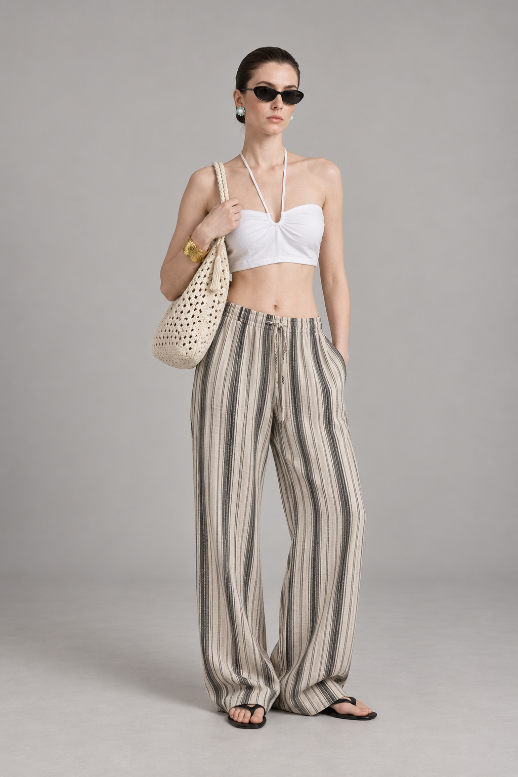 Natural Linen Stripe Wide Leg Pants