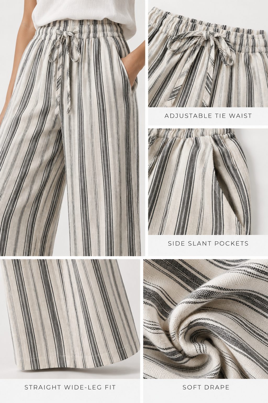 Natural Linen Stripe Wide Leg Pants