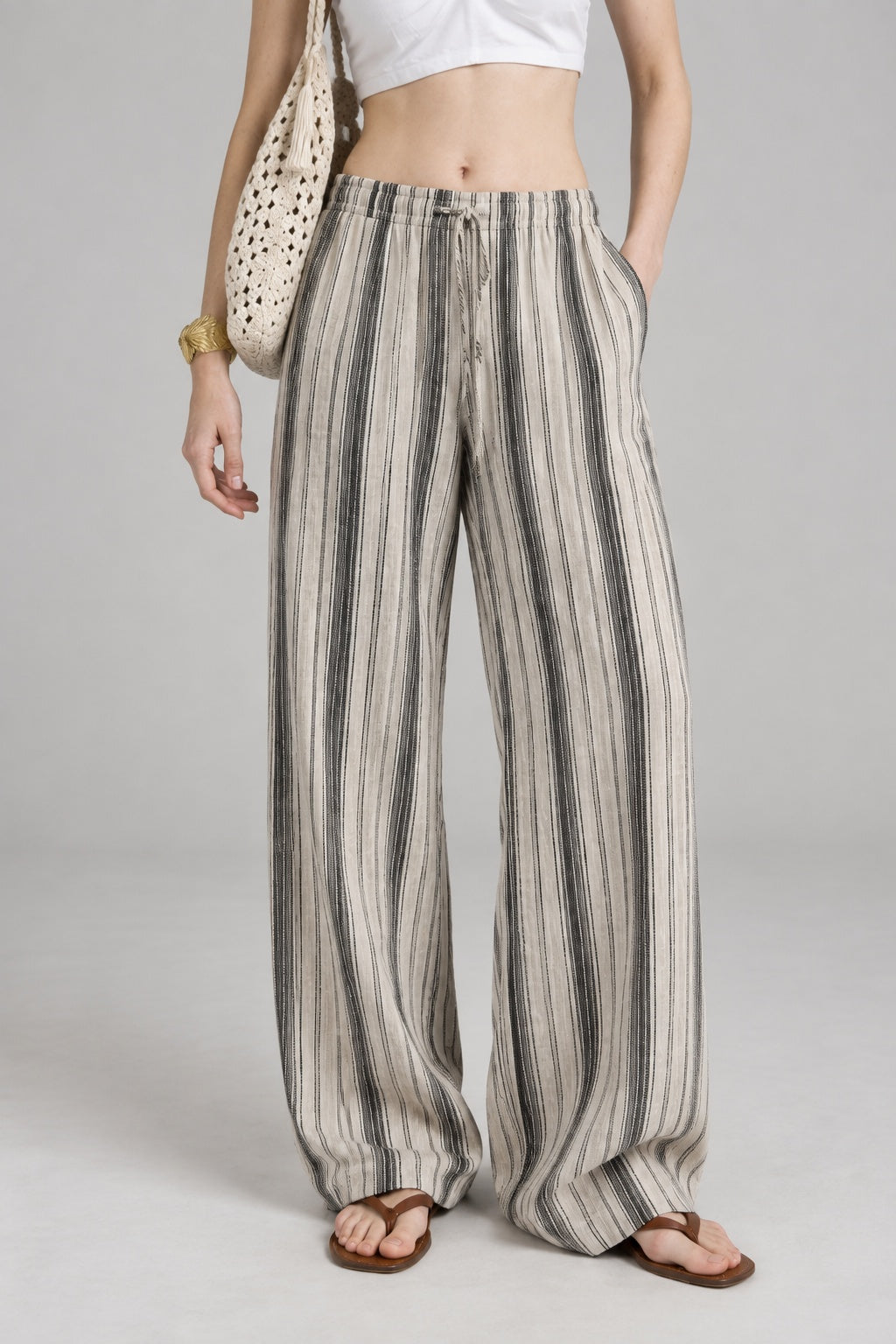 Natural Linen Stripe Wide Leg Pants
