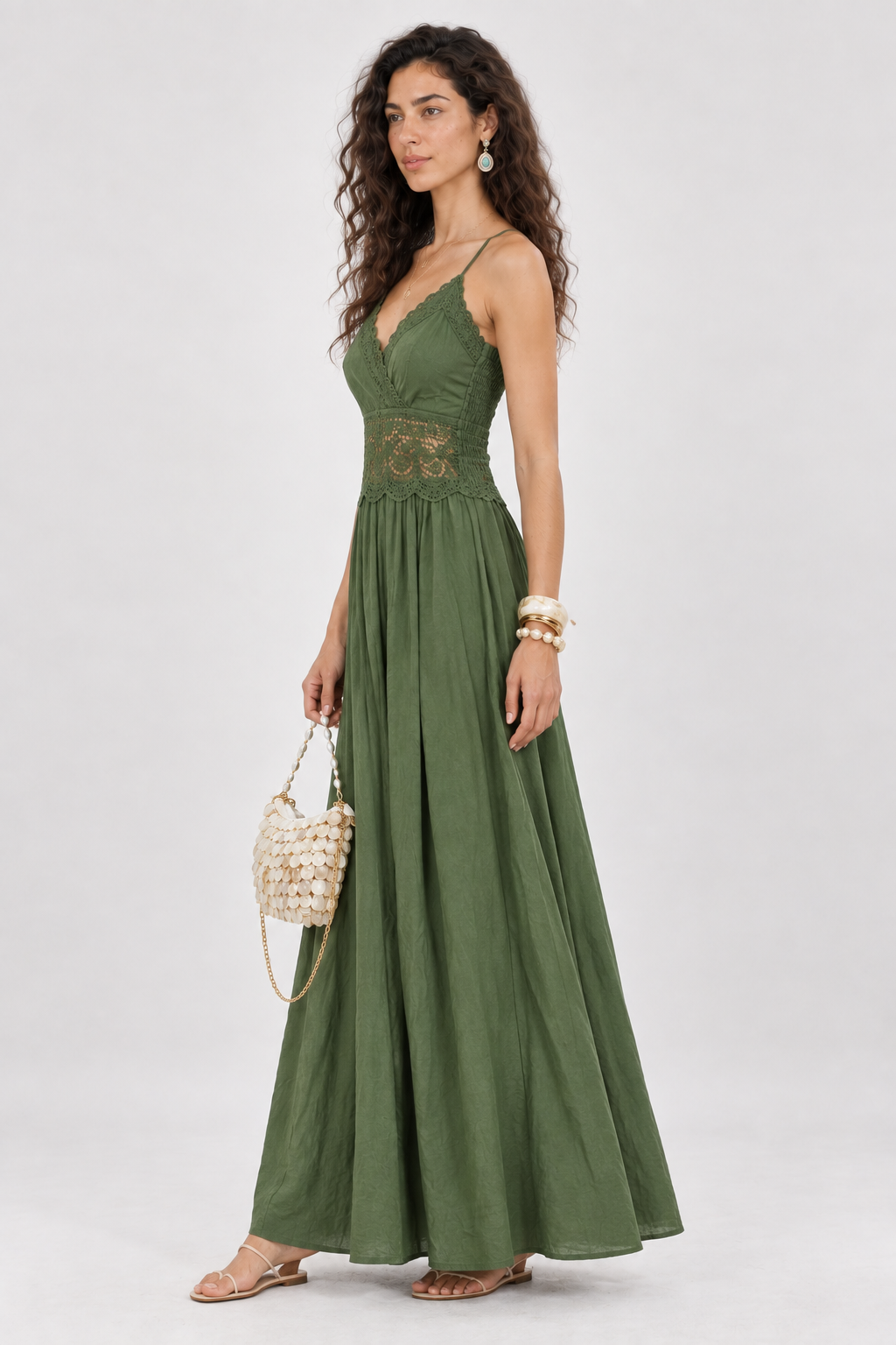 Olive Green Lace V-Neck Maxi Dress