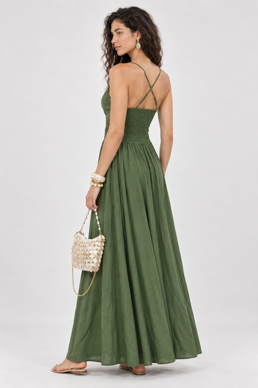 Olive Green Lace V-Neck Maxi Dress