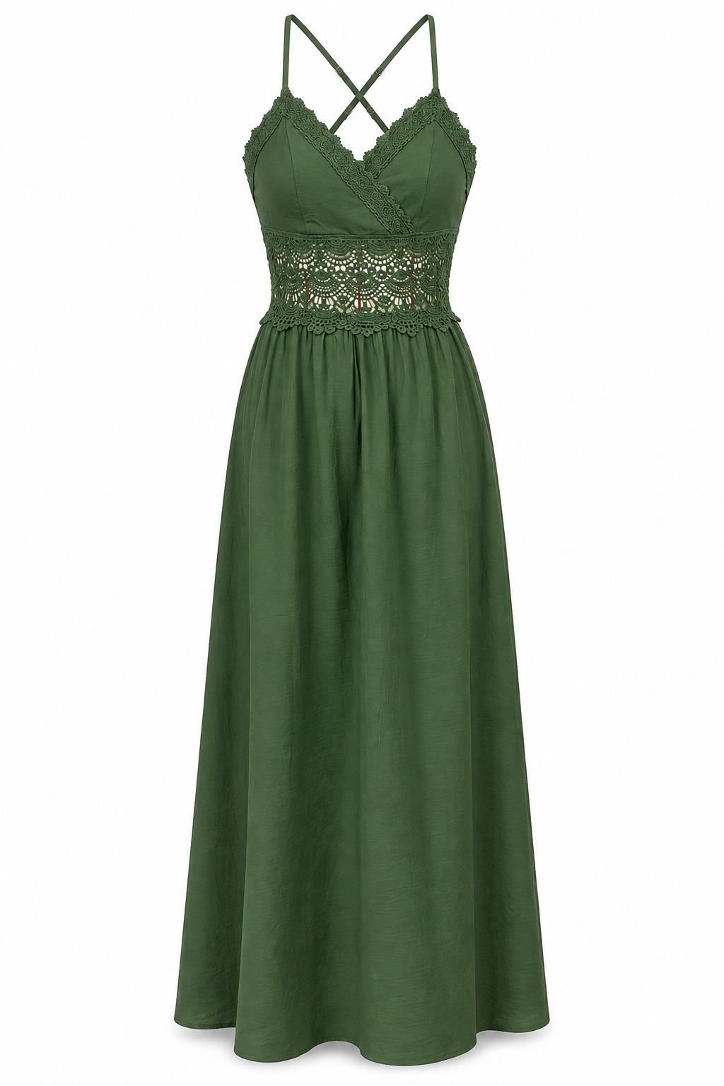 Olive Green Lace V-Neck Maxi Dress
