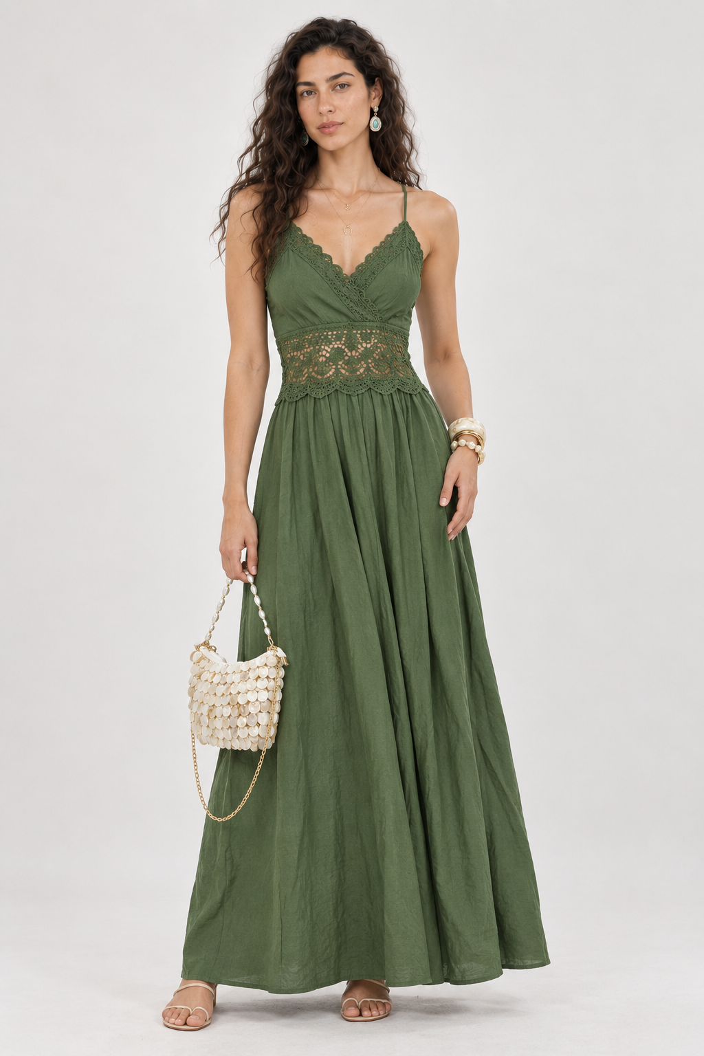 Olive Green Lace V-Neck Maxi Dress