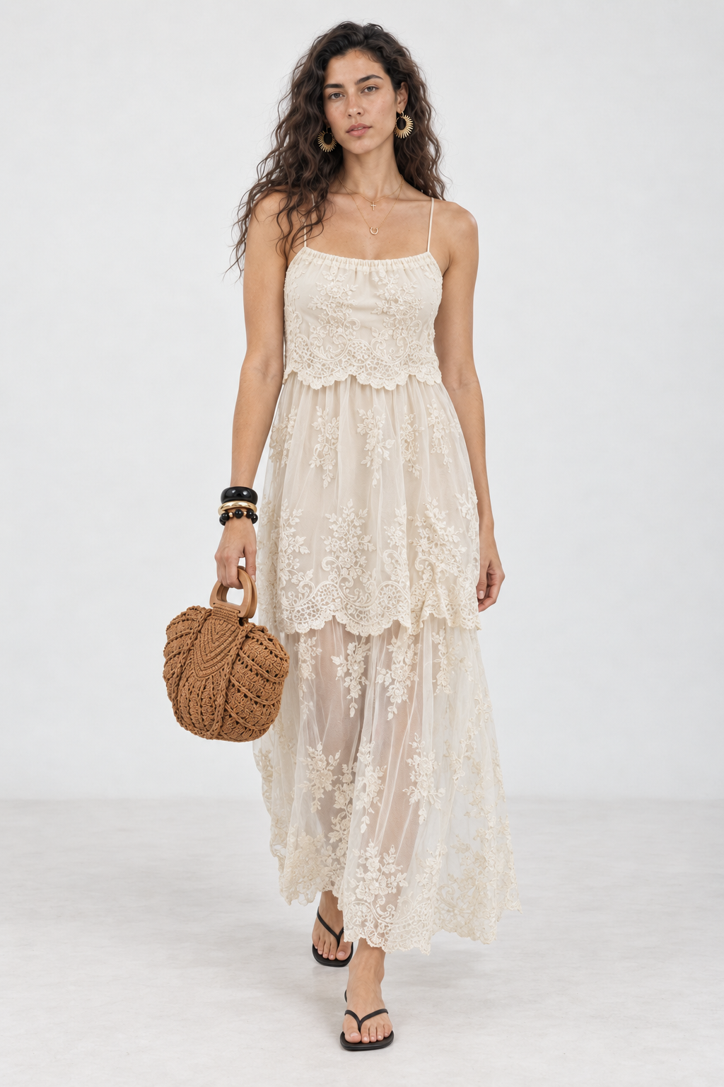 Reed Apricot Lace Tiered Maxi Dress