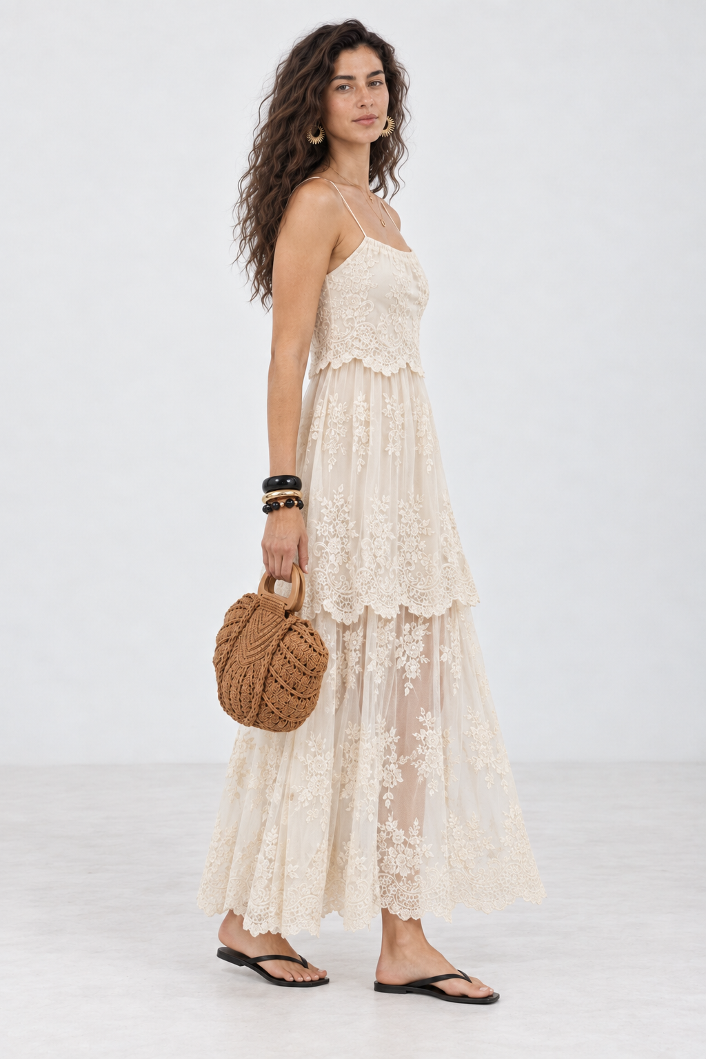 Reed Apricot Lace Tiered Maxi Dress