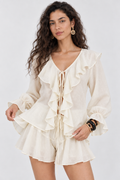 Ruffle Beige Tie-Front Shirt