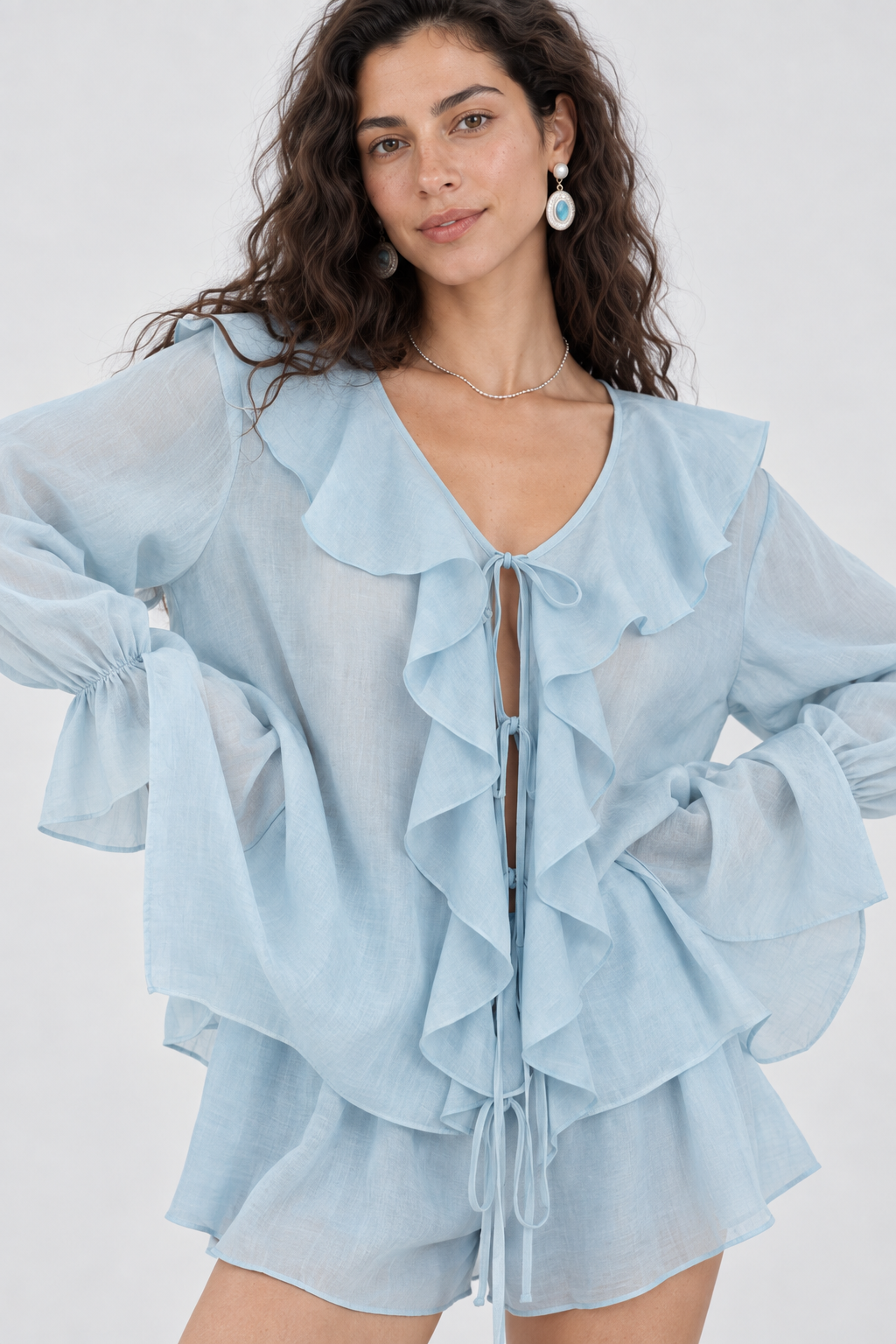 Ruffle Blue Tie-Front Shirt