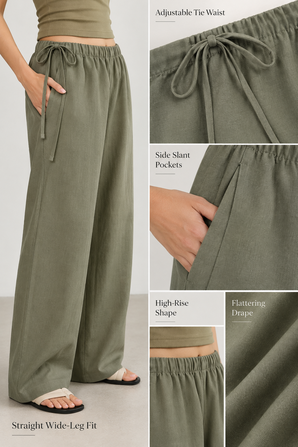 Sage Green Linen Straight Leg Pants