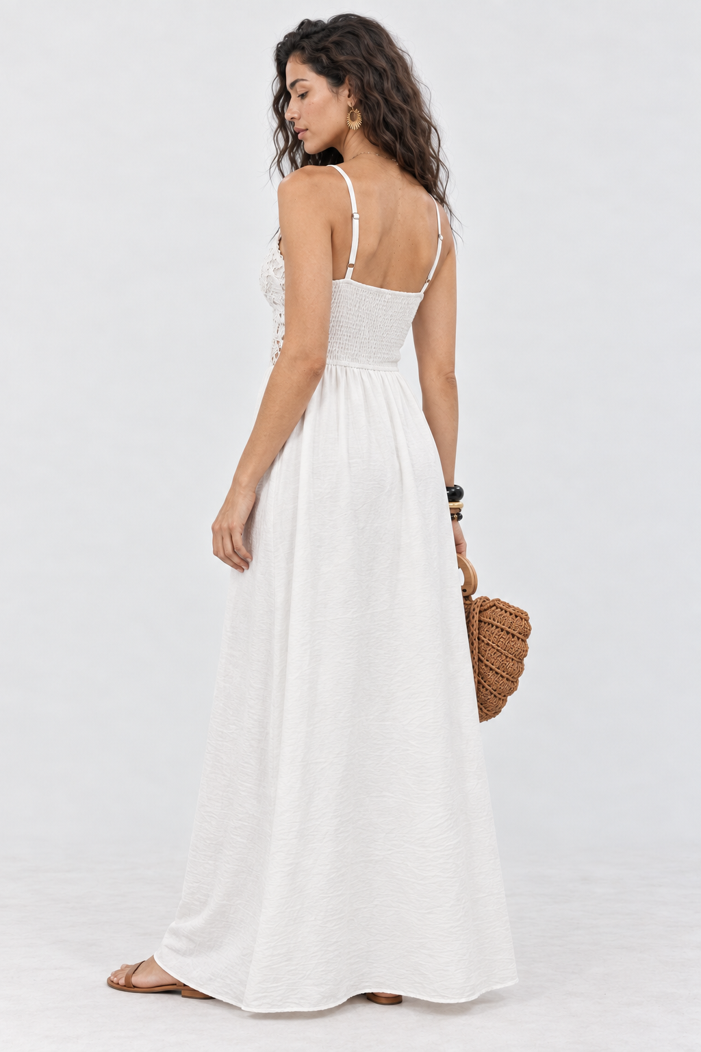 White Crochet Lace V-Neck Maxi Dress