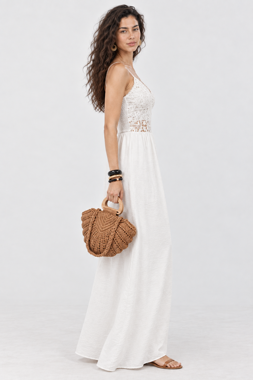White Crochet Lace V-Neck Maxi Dress
