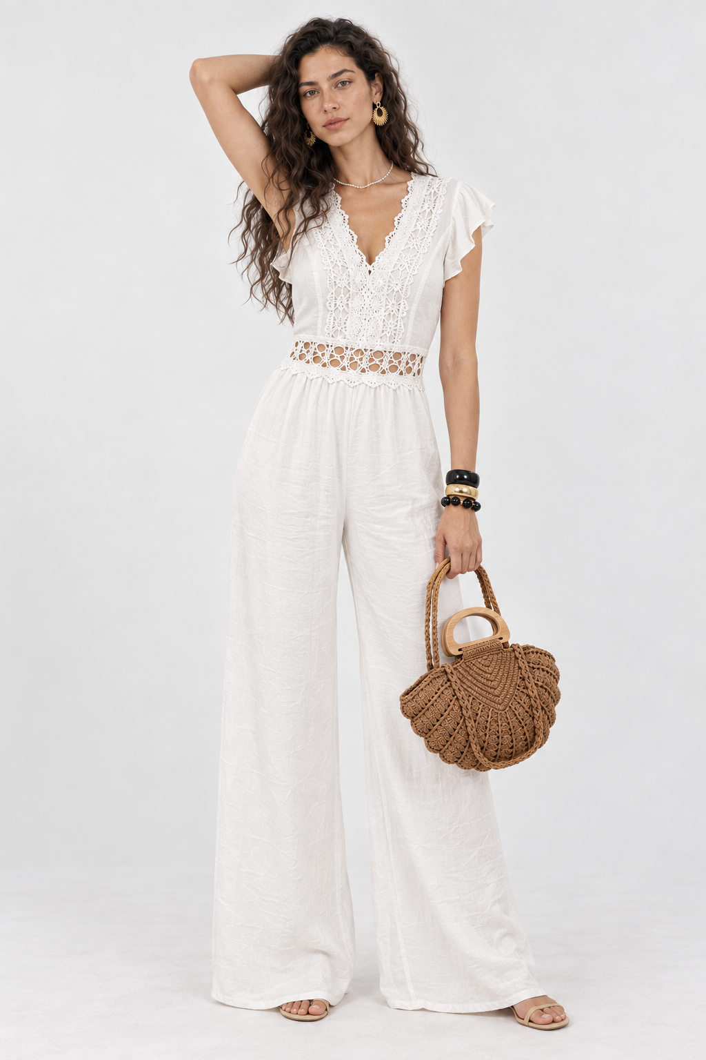 White Crochet Lace Wide Leg Jumpsuit