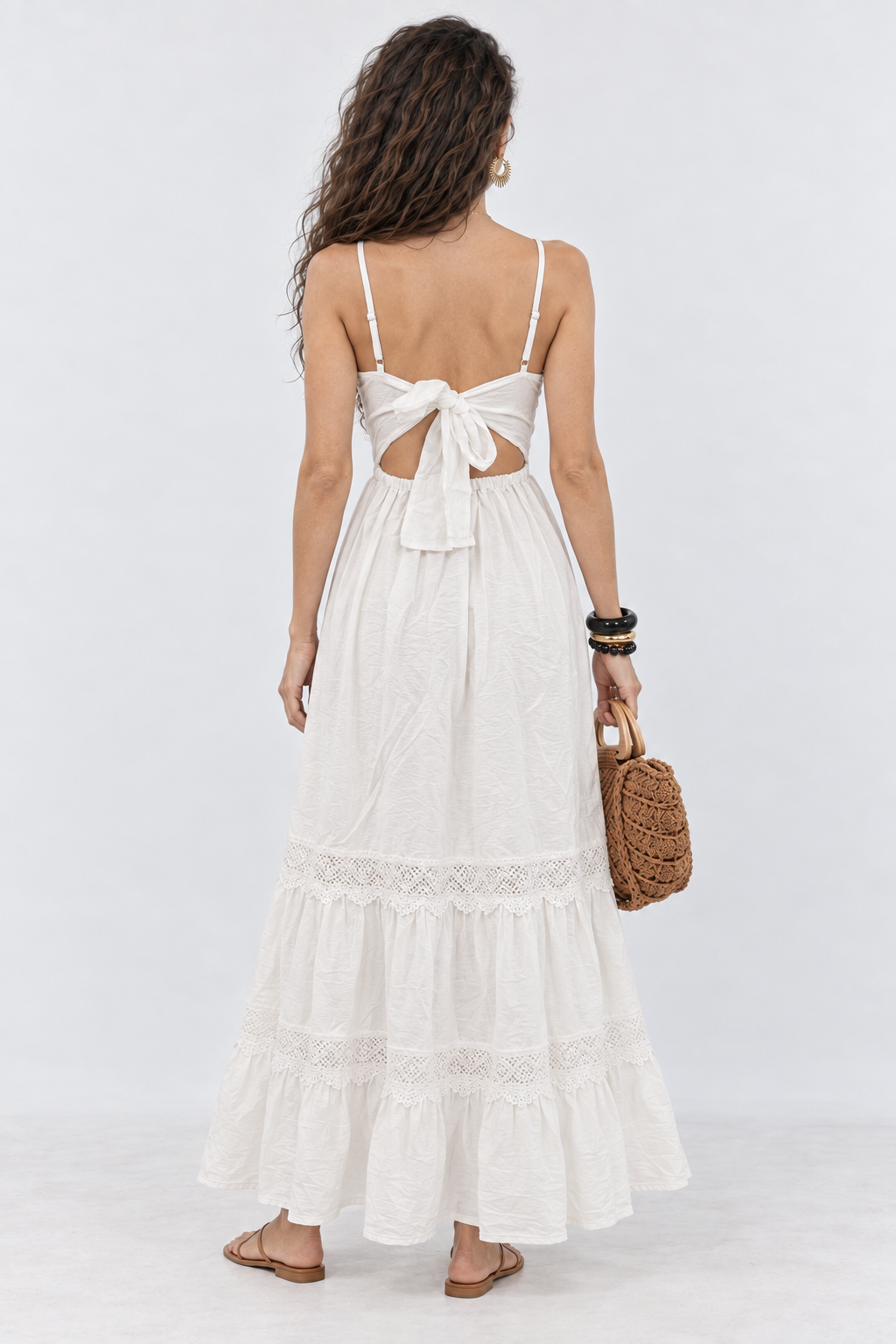 White Lace Trim Tie-Back Maxi Dress