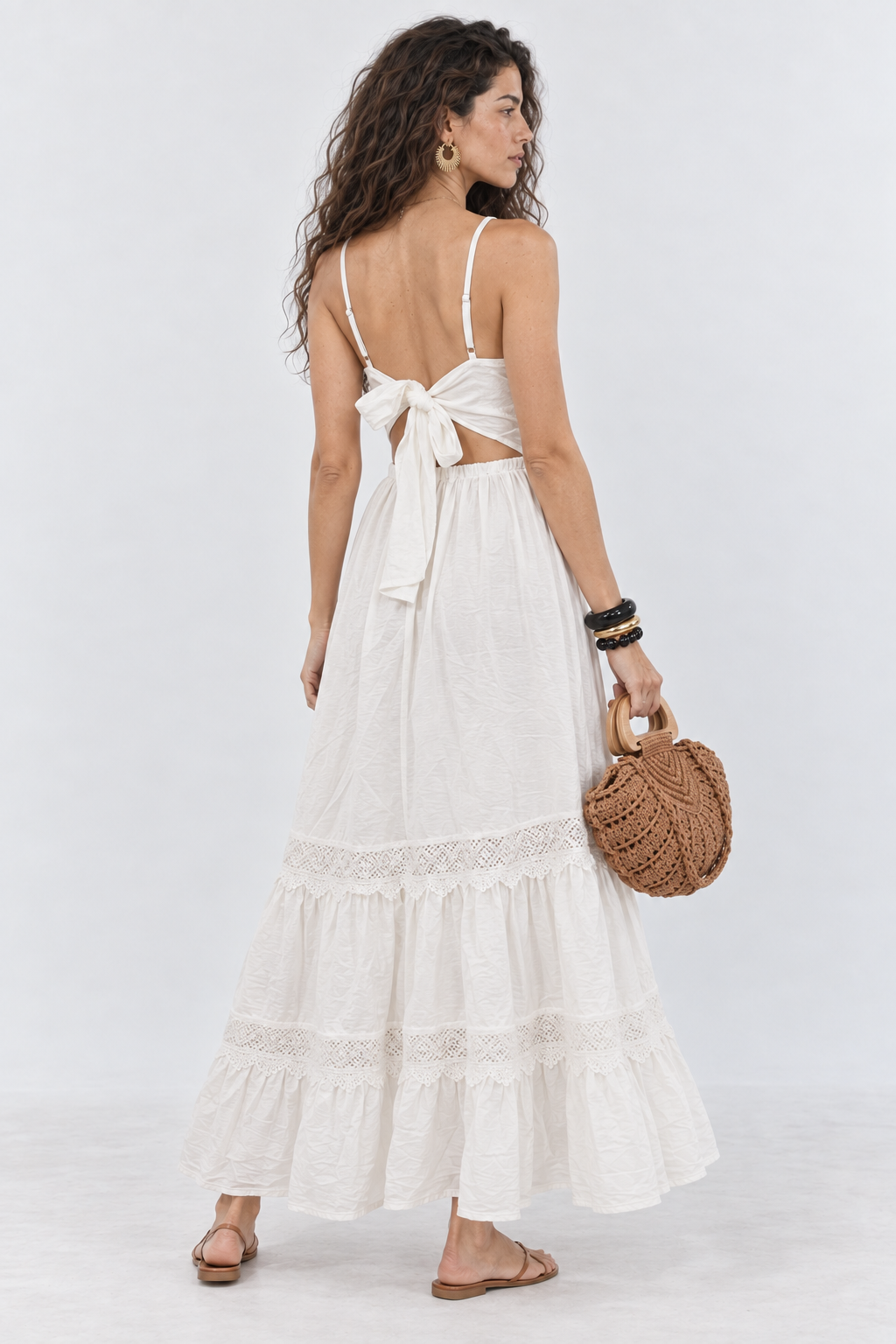 White Lace Trim Tie-Back Maxi Dress